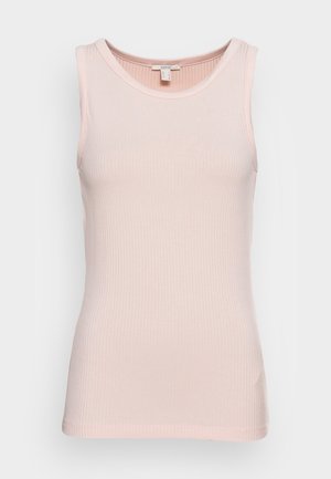 Camiseta sin mangas de canalé en rosa claro con cuello redondo, corte ajustado y etiqueta de Esprit en el interior del cuello trasero.