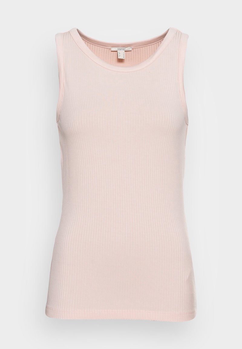 Débardeur côtelé sans manches de couleur rose clair avec encolure ronde, coupe ajustée et étiquette Esprit sur la partie intérieure du col arrière.