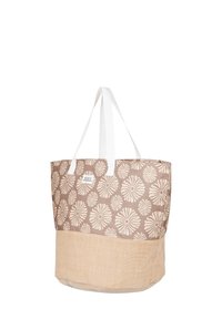 Canvas toteväska med blommönster i beige och krämfärgad, utrustad med vita remmar och en texturerad botten. Roxy-logotyp etsad.