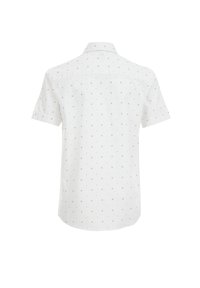 Kortärmad vit skjorta med grå diamantmönster, knappad krage och rak nederkant. Tillverkad av mjukt bomullstyg.