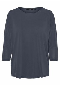 Dark blue, loose-fitting t-shirt with three-quarter sleeves, round neckline, and soft, smooth texture. No patterns or embellishments visible.