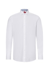 Weißes Langarmshirt mit Knopfleiste, kontrastierendem blauen gemustertem Innenkragen und klassischem Kragendesign.