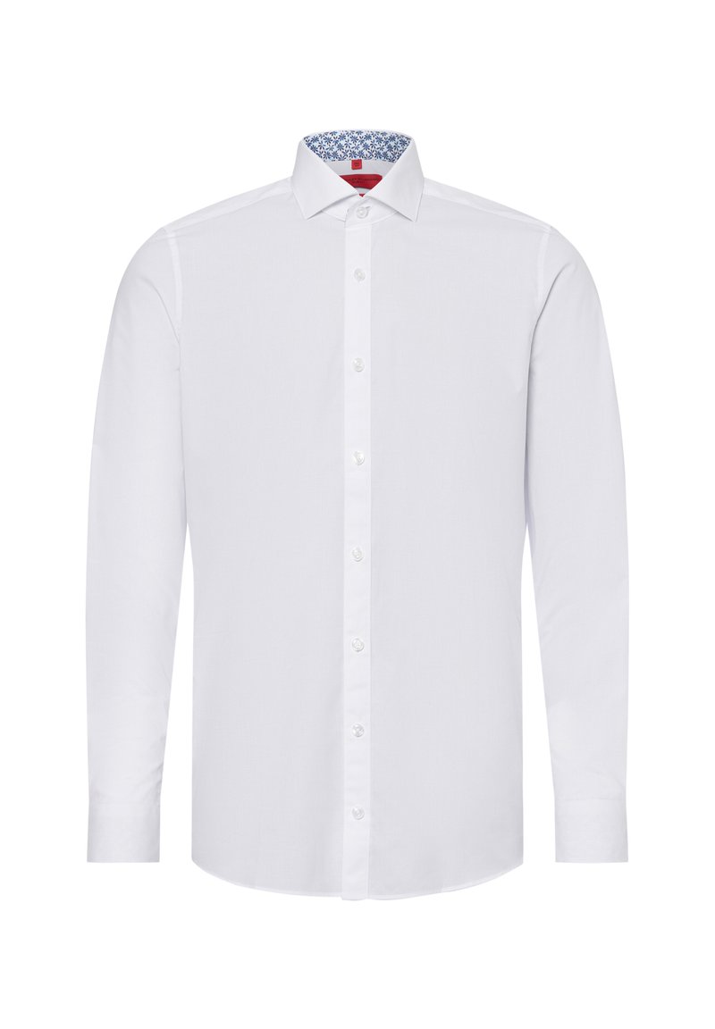 Weißes Langarmshirt mit Knopfleiste, kontrastierendem blauen gemustertem Innenkragen und klassischem Kragendesign.