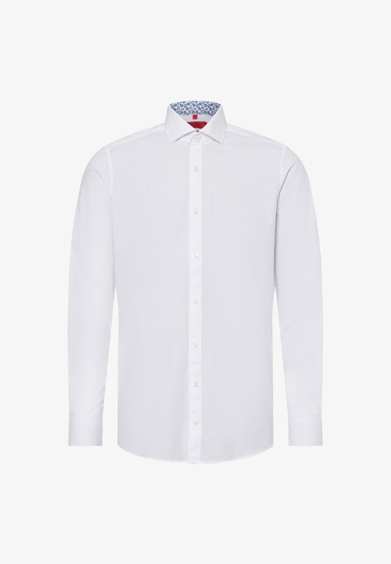 Weißes Langarmshirt mit Knopfleiste, kontrastierendem blauen gemustertem Innenkragen und klassischem Kragendesign.