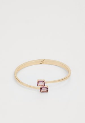 Pulseira de ouro com dois gemstones retangulares púrpuras. Acabamento suave com um design minimalista. Detalhe único de dupla pedra.