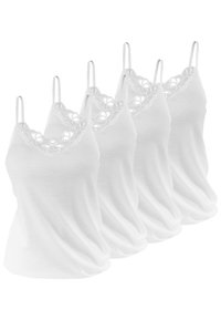 White camisoles with adjustable spaghetti straps, featuring a lace trim along the neckline, and a fitted, smooth texture. Pack of four.