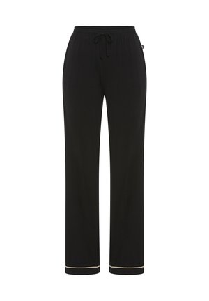 Schwarze Hose mit geradem Bein, elastischem Bund und Kordelzug, mit hellen Nähten an den Bündchen.