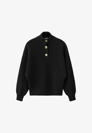 Svart stickad tröja med hög krage, med knapplista och guldfärgade knappar, samt löst sittande ärmar.