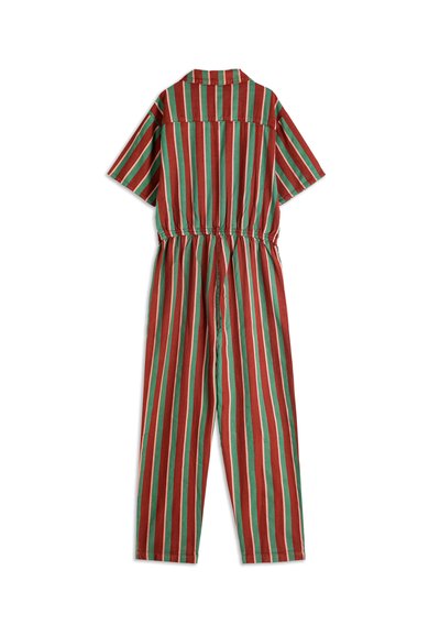 Prúhovaný overal v červenej, zelenej a smotanovej farbe. Krátke rukávy, golier, elastický pás a široké nohavice s vertikálnymi pruhmi.