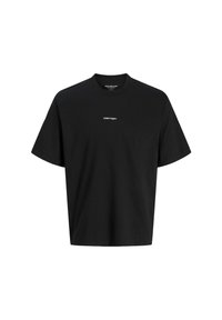 Sort bomulds t-shirt med korte ærmer og rund hals. Har et hvidt trykt logo på brystet, glat tekstur og afslappet pasform.