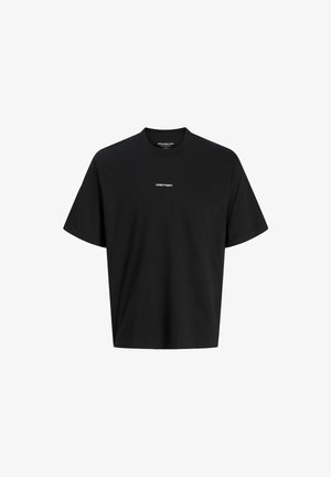 T-shirt en coton noir à manches courtes et col rond. Présente un logo imprimé blanc sur la poitrine, une texture lisse et une coupe décontractée.