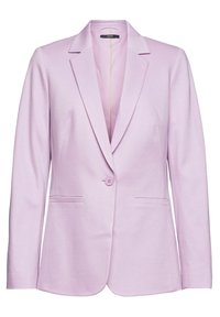 Blazer rose pâle sur mesure avec revers crantés, fermeture à un bouton, deux poches avant et une texture lisse.