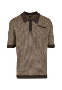 Polo tričko s krátkým rukávem v hnědém geometrickém vzoru, tmavě hnědým límcem, zapínáním na knoflíky a malou kapsičkou na hrudi.