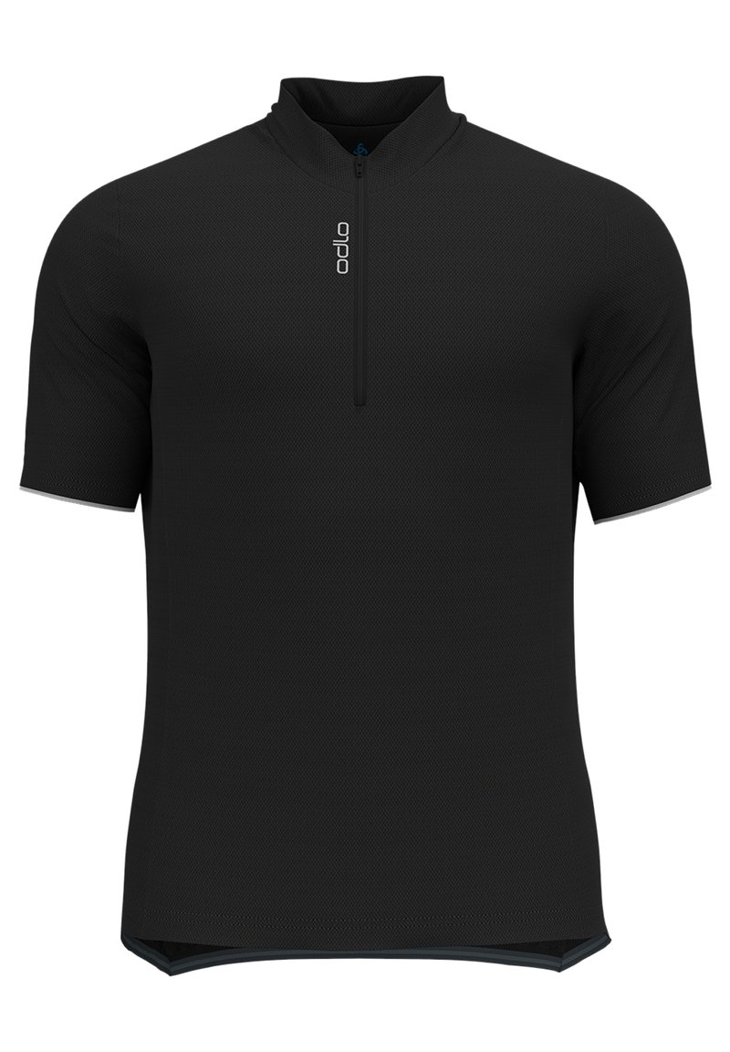 Jersey de ciclismo negro de manga corta con cuello con cremallera, tejido texturizado, corte slim y detalles de puño en contraste.