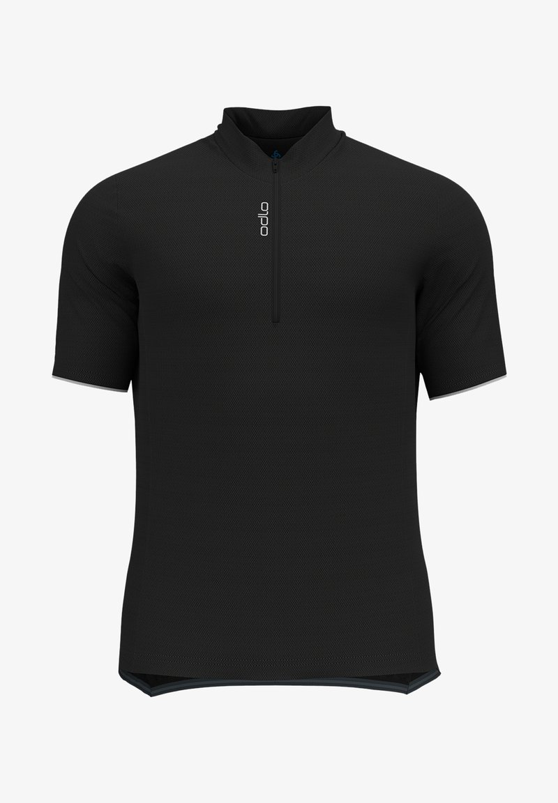 Jersey de ciclismo preto de manga curta com colarinho com fecho, tecido texturizado, corte justo e detalhes em contraste na barra.