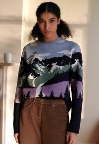Strikket sweater med et flerfarvet bjerglandskabsmønster i blå, grøn, lilla og sort; rund halsudskæring, lange ærmer, ribbede manchetter.