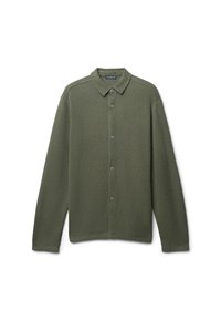 Camicia verde oliva con bottoni, realizzata in tessuto texturizzato. Presenta un colletto, maniche lunghe e un orlo dritto con sei bottoni abbinati.