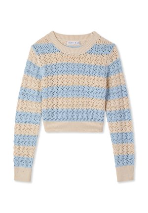 Maglione corto lavorato a maglia con scollo rotondo, caratterizzato da righe orizzontali blu e beige, motivi traforati intricati e polsini a coste.