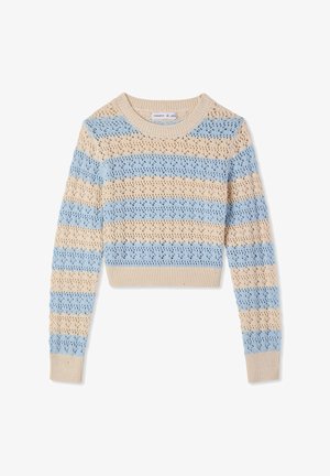 Maglione corto lavorato a maglia con scollo rotondo, caratterizzato da righe orizzontali blu e beige, motivi traforati intricati e polsini a coste.