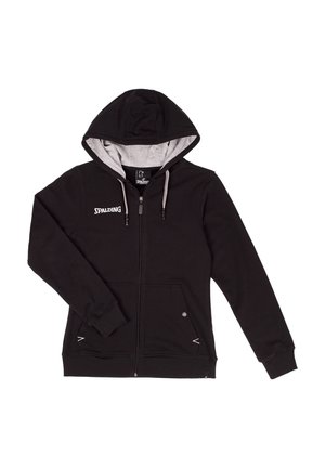 Zwarte hoodie met volledige rits, grijze voering in de capuchon, witte trekkoorden, voorzakken en wit Spalding-logo links op de borst.