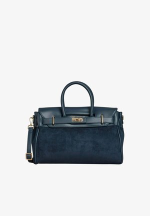 Sac à main en cuir et daim bleu foncé avec poignées supérieures, fermeture à boucle dorée et bandoulière amovible.