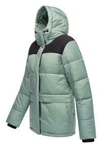 Padded jacket in light green with black accents. Features a hood, front zip, and two side pockets. Made of shiny, smooth material.