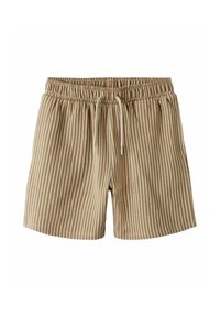 Beige stripede shorts med elastisk talje, snøre lukning og en blød tekstur, designet til komfort og afslappet brug.