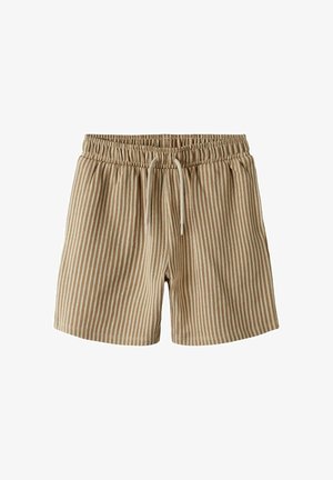 Pantalones cortos rayados beige con cintura elástica, cierre de cordón y una textura suave, diseñados para la comodidad y el uso casual.