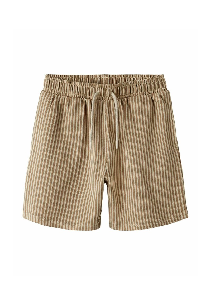 Beige stripede shorts med elastisk talje, snøre lukning og en blød tekstur, designet til komfort og afslappet brug.