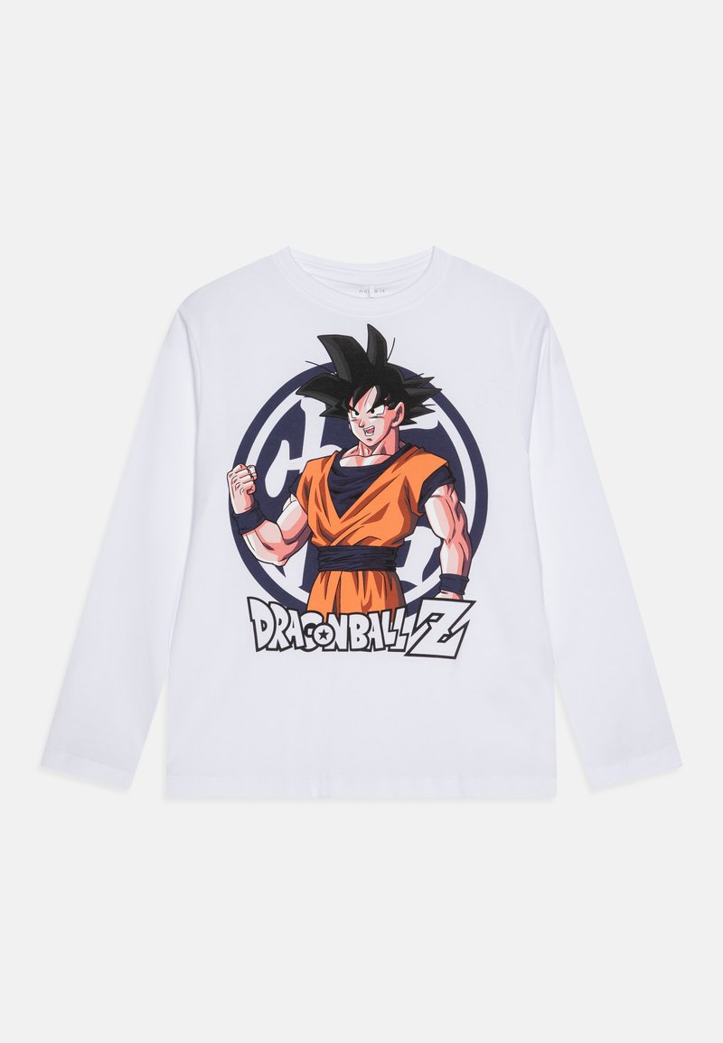 Balta ilgomis rankovėmis marškinėliai su piešiniu, kuriame pavaizduotas personažas su spygliuotais juodais plaukais oranžiniais drabužiais, ir juodu tekstu "Dragon Ball Z".