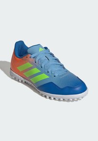 Blue and orange sports shoes with green accents, synthetic upper, lace closure, and textured outsole for traction. Three stripes logo on the side.