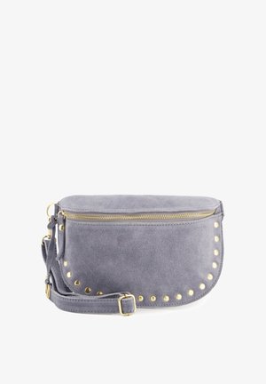 Gray suede crossbody bag with a zipper closure, gold hardware, and circular studs along the bottom edge. Adjustable strap included.