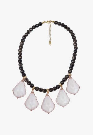 Schwarze Perlenkette mit fünf tropfenförmigen, hellrosafarbenen Steinen, goldenen Akzenten und einem Verschluss mit einer verstellbaren Kette.