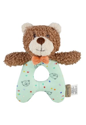 Brown curly teddy bear head and arms attached to mint green fabric shaped like an A with colorful dots and bear faces, wearing an orange bow tie.
