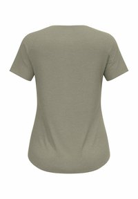 Short-sleeve olive green t-shirt, made of cotton, featuring a round neckline, smooth texture, and curved bottom hem with stitched detailing.