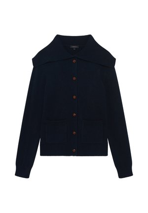 Marineblaues Cardigan mit großem Kragen, fünf Holzknöpfen und zwei vorderen aufgesetzten Taschen. Hergestellt aus einem gestrickten Stoff mit weicher Textur.