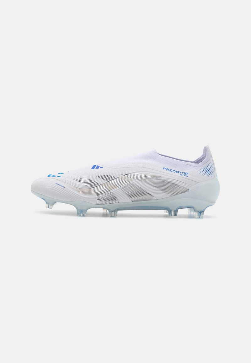 White soccer cleat with a streamlined design, textured upper, light blue accents, and translucent studs for grip on the field.