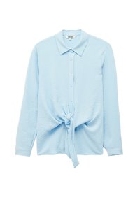 Lichtblauwe lange mouwen button-up shirt met een gestructureerde stof, puntige kraag en een geknoopte voorzijde. Heeft vijf knopen op de knoopsluiting.
