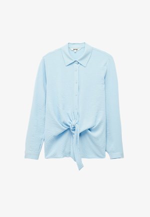 Lichtblauwe lange mouwen button-up shirt met een gestructureerde stof, puntige kraag en een geknoopte voorzijde. Heeft vijf knopen op de knoopsluiting.