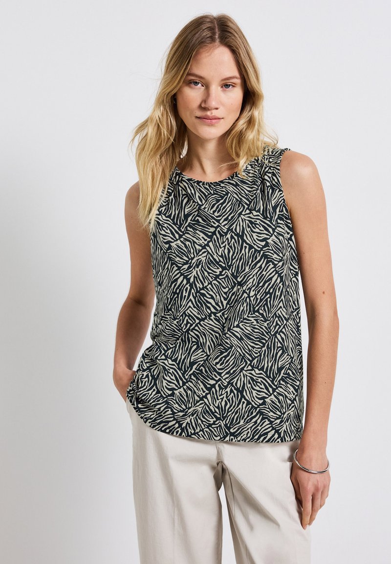 Ärmelloses Oberteil in Dunkelblau mit weißem Zebra-Streifenmuster, mit rundem Ausschnitt und lockerer Passform, aus leichtem Stoff gefertigt.