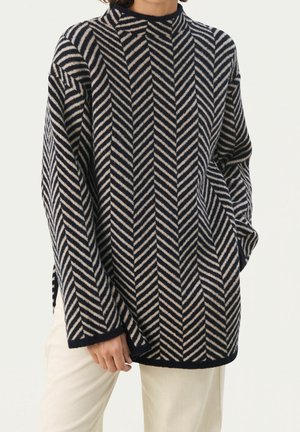 Person trägt einen langärmeligen marineblauen und beigen Pullover mit Chevron-Streifen und hohem Kragen sowie helle Hose und steht vor weißem Hintergrund.
