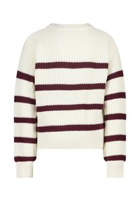 Kermakuvioinen neulepaita, jossa on leveät vaakasuorat burgundin punaiset raidat vartalon ja hihojen alueella, ribbireunukset hihoissa ja helmassa, nähtynä takaa.