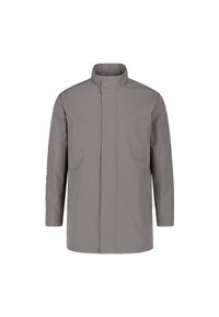 Impermeabile grigio chiaro con colletto alto, chiusura a scatto, maniche lunghe e tasche laterali. Texture liscia, design minimo e senza motivi visibili.