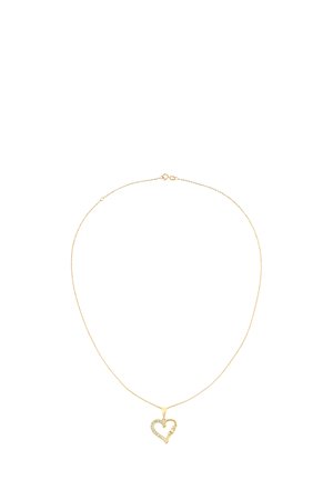 Goldene Halskette mit einem herzförmigen Anhänger, geschmückt mit klaren Kristallen, glatter Oberfläche und zartem Kettendesign.