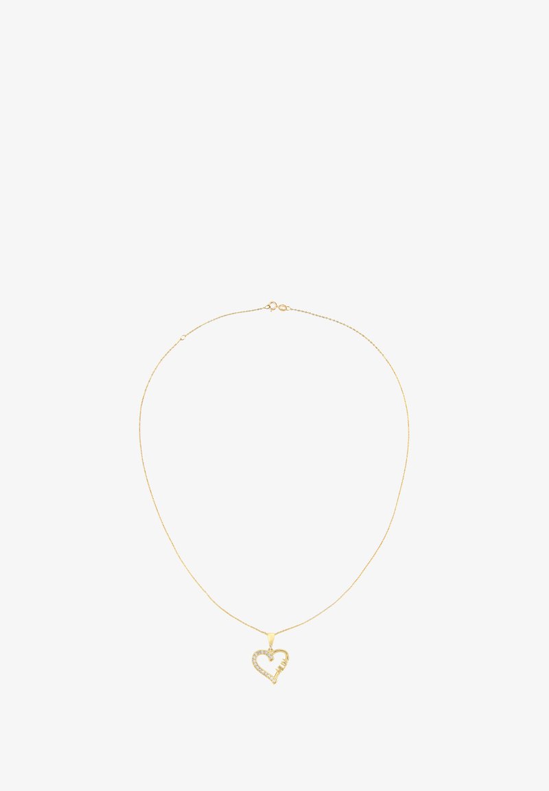 Guldkæde med en hjerteformet vedhæng prydet med klare krystaller, glat overflade og en delikat kædedesign.