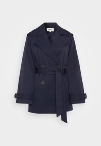 Granatowy płaszcz trench z podwójnym zapięciem, dużym kołnierzem i paskiem. Wykonany z gładkiego materiału, z guzikami na rękawach.
