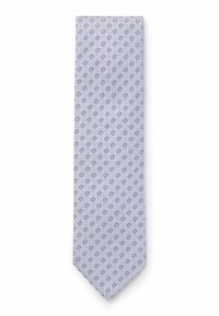 Cravate violet clair avec des motifs circulaires en bleu et blanc. Tissu lisse avec une extrémité étroite et pointue. Design classique adapté aux occasions formelles.