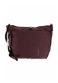 Sac bandoulière bordeaux avec sangle ajustable, fermeture à double zip, poche avant et petit logo de la marque sur le tissu.