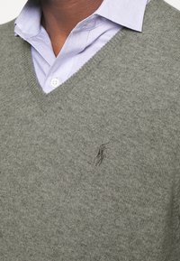 Olivgrön v-ringad tröja i mjukt stickat tyg, med en texturerad yta och en liten broderad logotyp på bröstet. Ljusblå skjorta underneath.