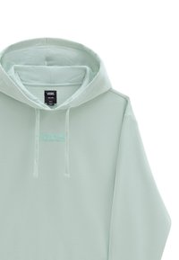 Sudadera con capucha en verde menta con una textura suave. Cuenta con un bolsillo canguro y cordones, con el logo de "Vans" bordado en la parte delantera.